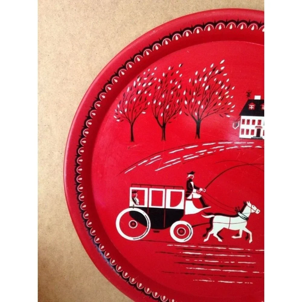 Vintage large metal red tray Horse Buggy Carriage Colonial Stagecoach scene 16